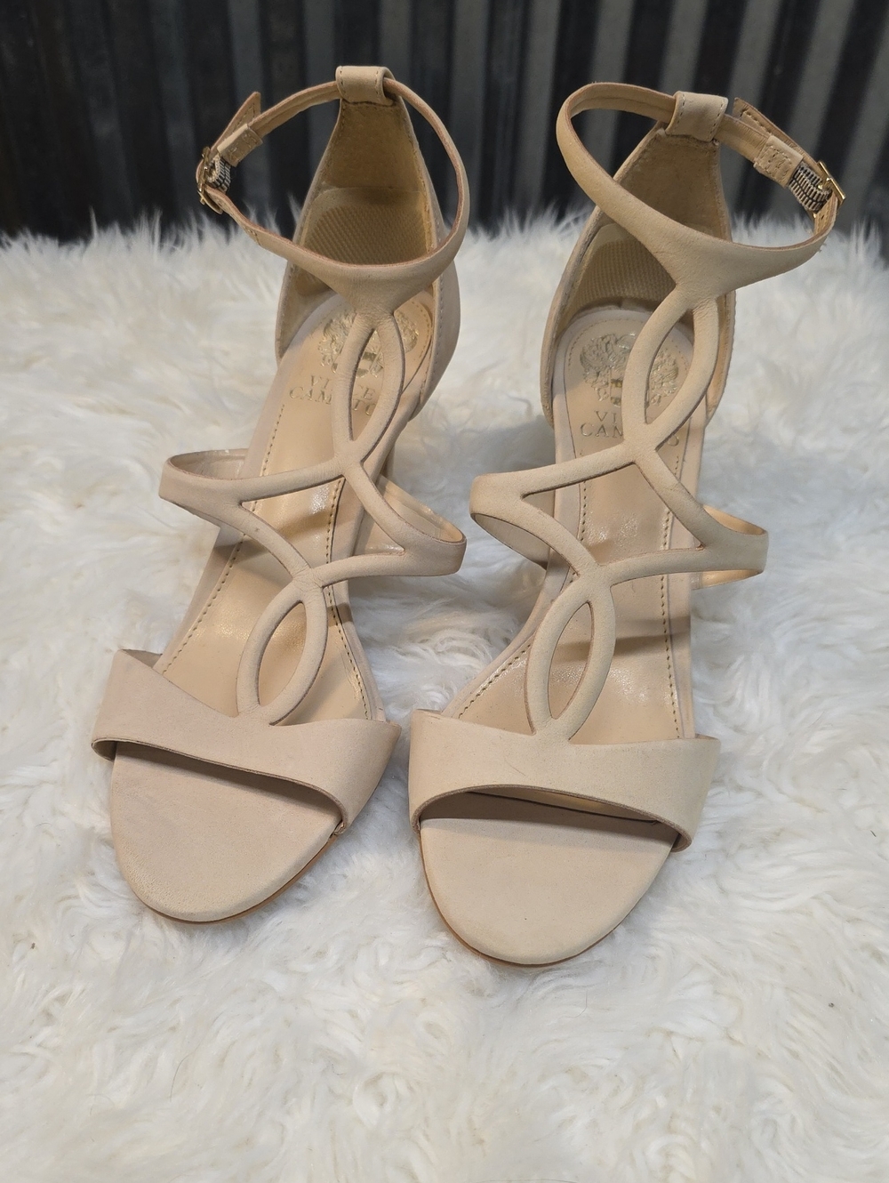 Vince Camuto Beige Strappy Ankle-Heel Sandals